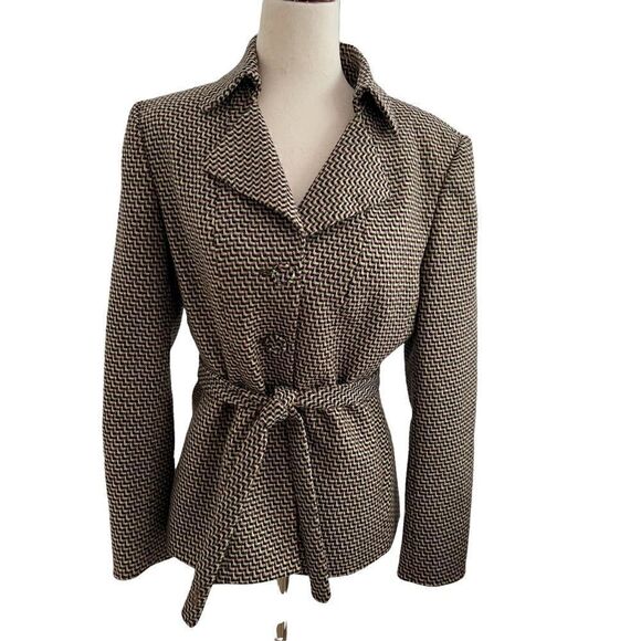 Vintage Albert Nipon Boutique Belted Purple + Green Herringbone Wool Jacket 4P - Picture 1 of 8
